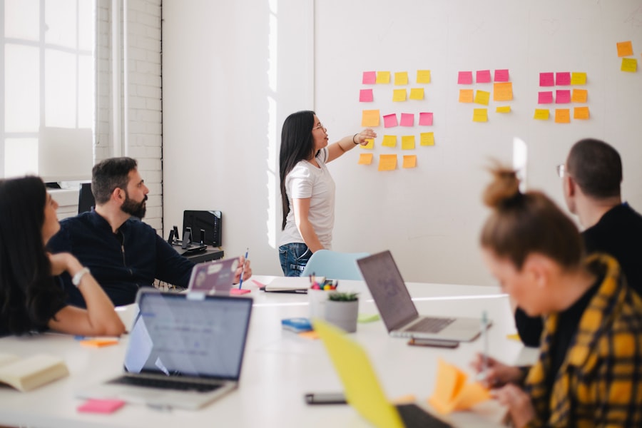 Team mapping a workflow with sticky notes on a wall