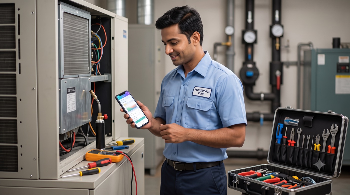 Service technician logging a job on his phone on site