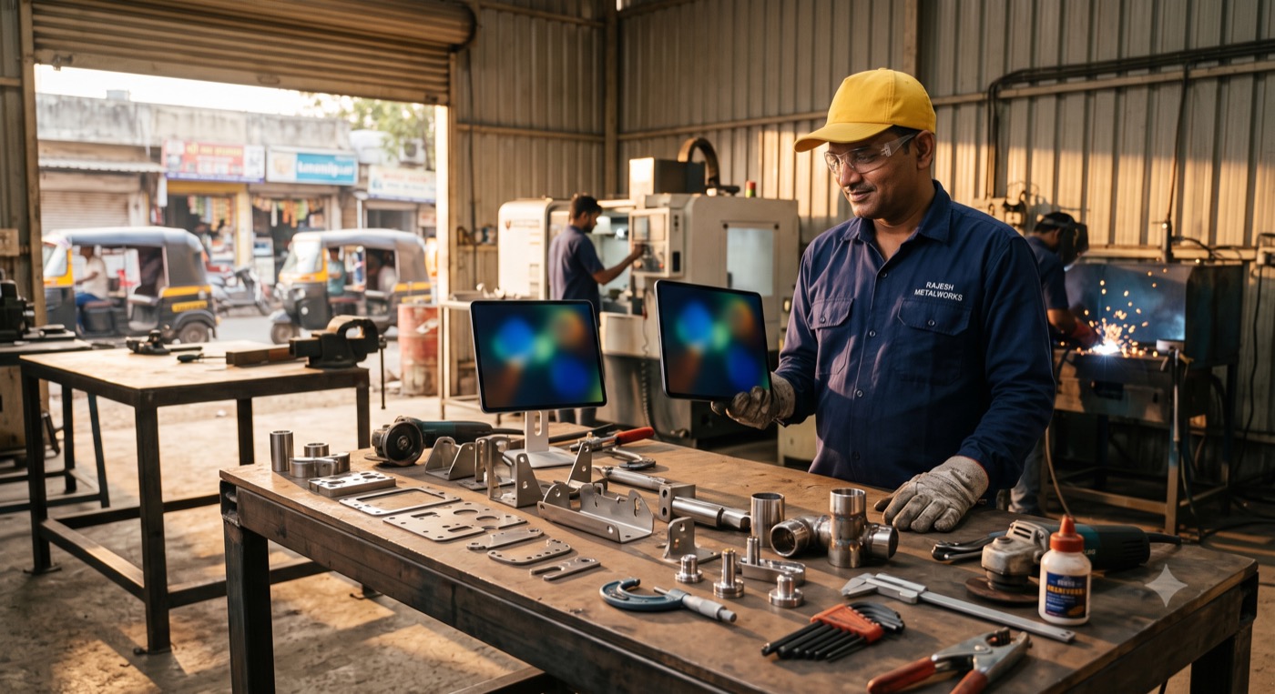 Metal fabricator reviewing job details on a tablet in his workshop