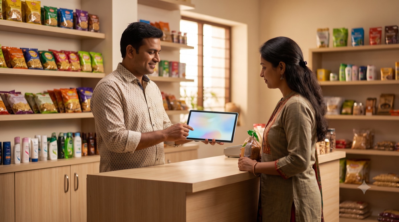 Shopkeeper showing a tablet to a customer at the counter